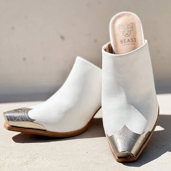 NEW White PU Leather Silver Metal Pointy Square Toe Block Heel Western Mule Shoe - Picture 3 of 13
